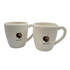 Rae Dunn M Studios Gobble Gobble Thanksgiving Turkey Set of 2 Coffee Tea Mugs